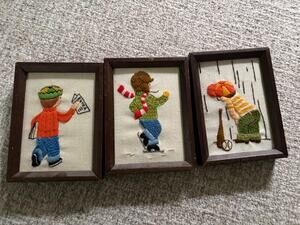 Set of 3 1970s Sunset Designs Framed Needlepoint Embroidery Newspaper Baseball